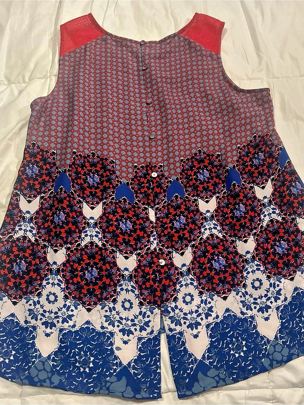 Pale Sky Women’s Large Sleeveless Boho Print Lace Tunic Top Red Blue - Picture 2 of 4